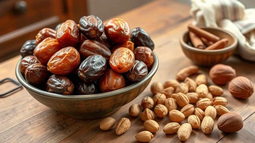 Bowl of dates and nuts, rich in dietary fiber and antioxidants for heart health.