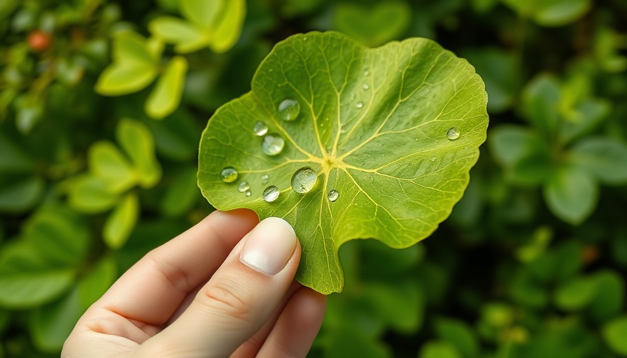 Close-up of hand holding ginkgo leaf, lush green backdrop.