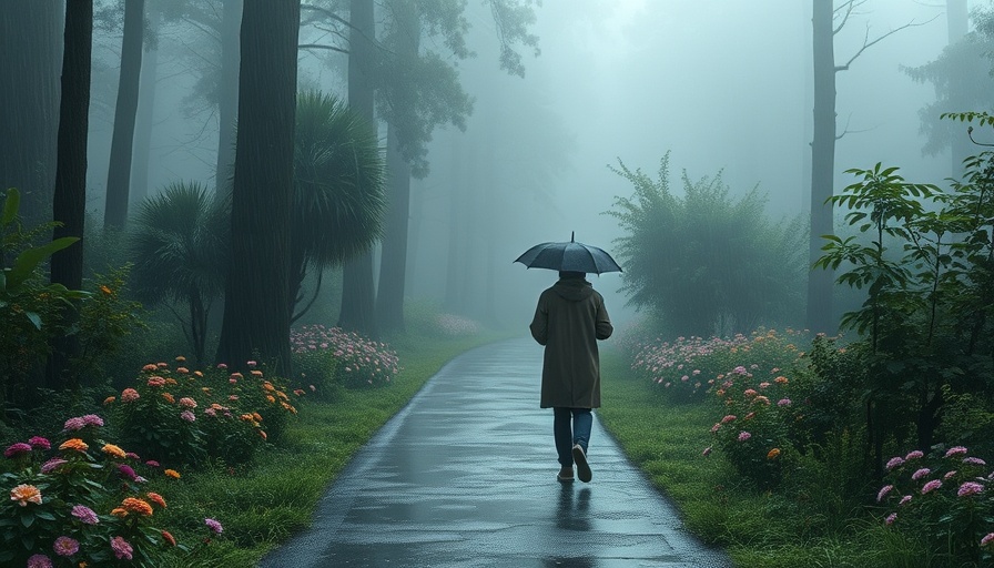 Person walking in raincoat on misty forest path, stand in the rain meaning.