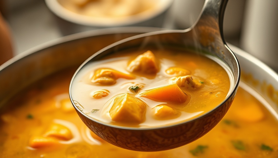Steaming ladle of turmeric chicken soup with carrots and herbs.