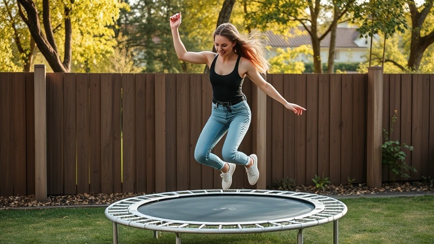 Adult female jumping on a mini trampoline, promoting lymphatic flow and detoxification.