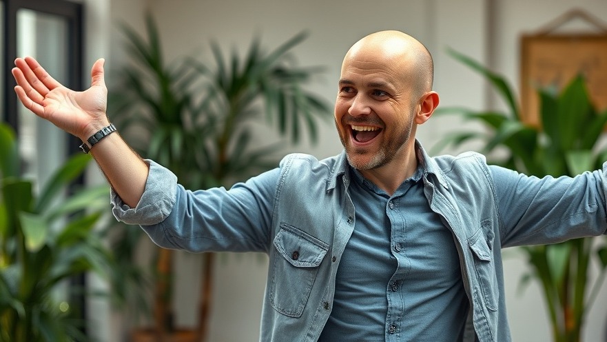 Enthusiastic bald man demonstrating neuroplasticity exercises indoors to improve cognitive function.