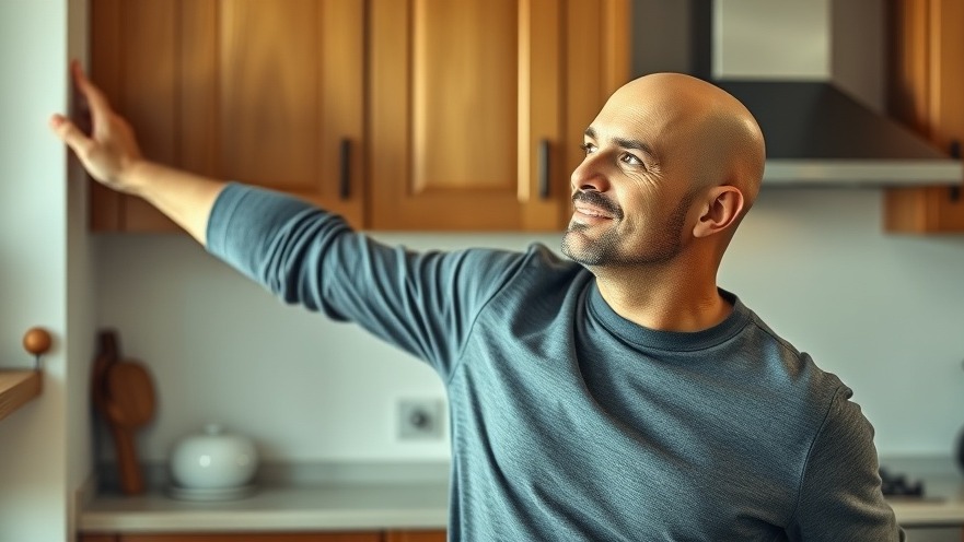 Bald man stretches for posture improvement against kitchen wall, enhancing emotional health.