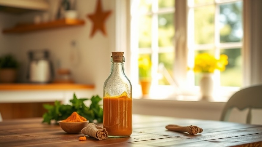 Turmeric benefits: curcumin bottle on a sunlit kitchen table for gut health.