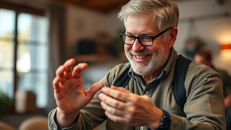 Mature man performing brain exercises for finger coordination in a warm indoor setting.