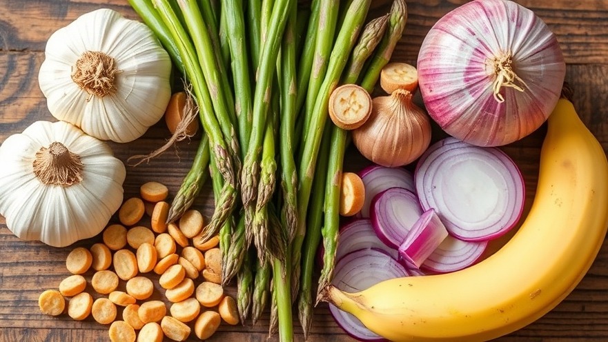 Probiotic foods like garlic and bananas support gut microbiome with prebiotics.