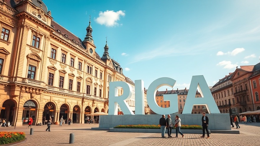 Charming Riga attractions with ornate building and 'RIGA' sculpture in vibrant square.
