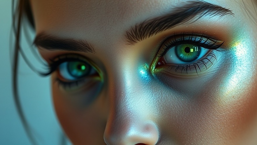 Model with shimmering green eye makeup and glowing skin, showcasing beauty essentials.
