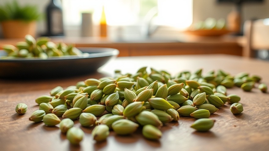 Loose green cardamom pods on a table, showcasing natural remedies for breathing.