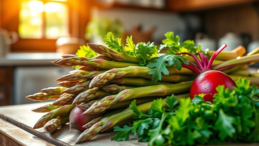 Fresh asparagus and beetroot on a rustic table, highlighting seasonal eating benefits for skin health.