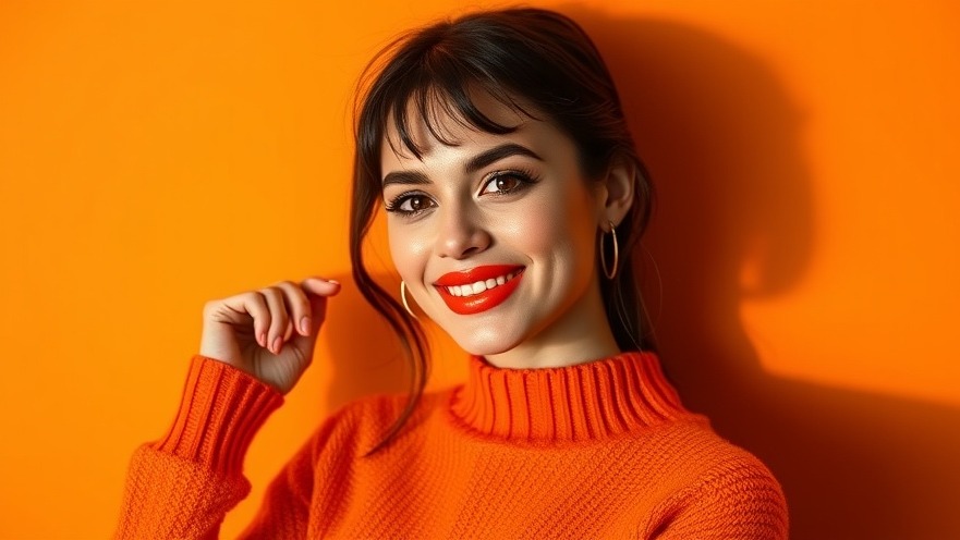 Confident young woman showcasing summer makeup trends with vibrant orange lipstick.