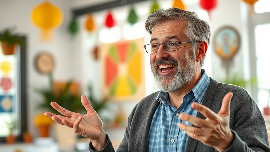 Middle-aged man joyfully sharing Vitamin D benefits and health tips indoors.