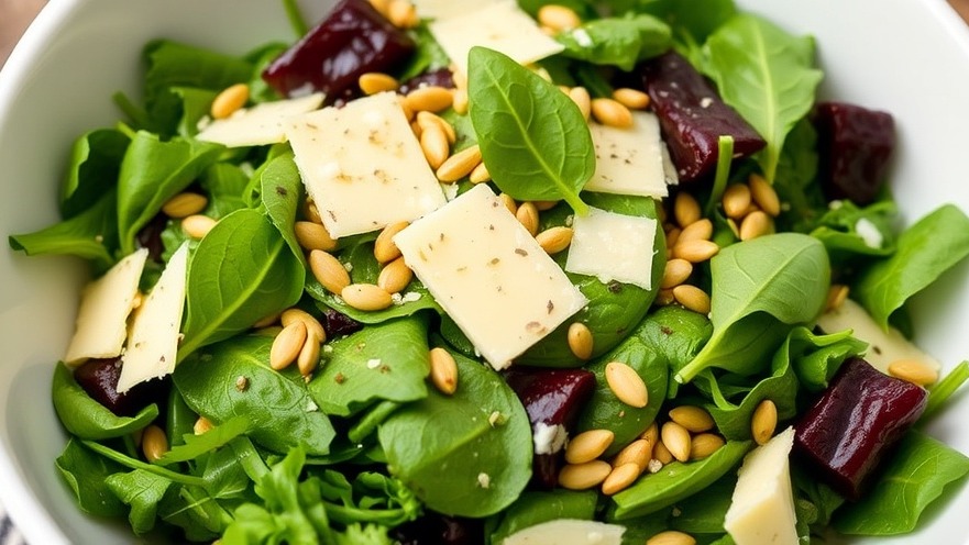 Colorful salad with leafy greens for skin, fresh herbs, and Parmesan.