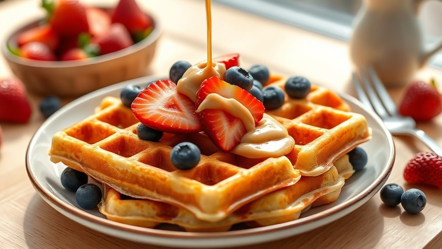 High protein breakfast with crispy cottage cheese waffles, almond butter, and fresh berries.