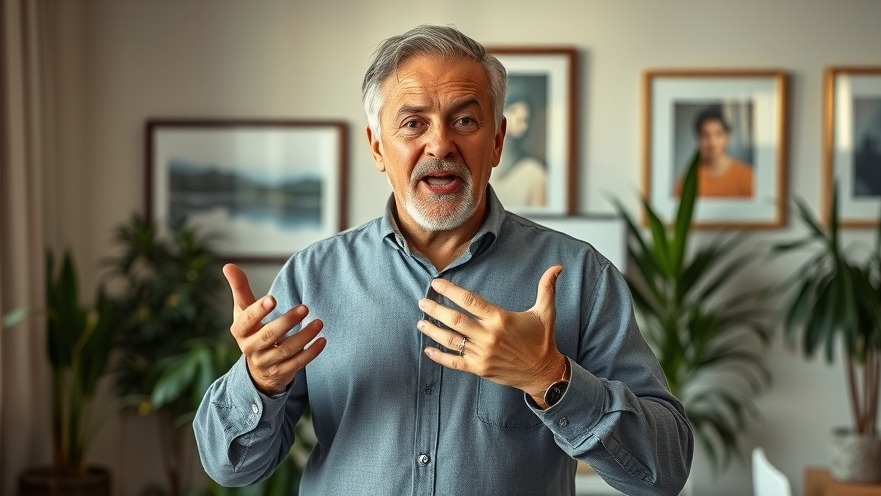 Middle-aged man demonstrating tongue movement exercise for brain-body connection in a calm indoor setting.