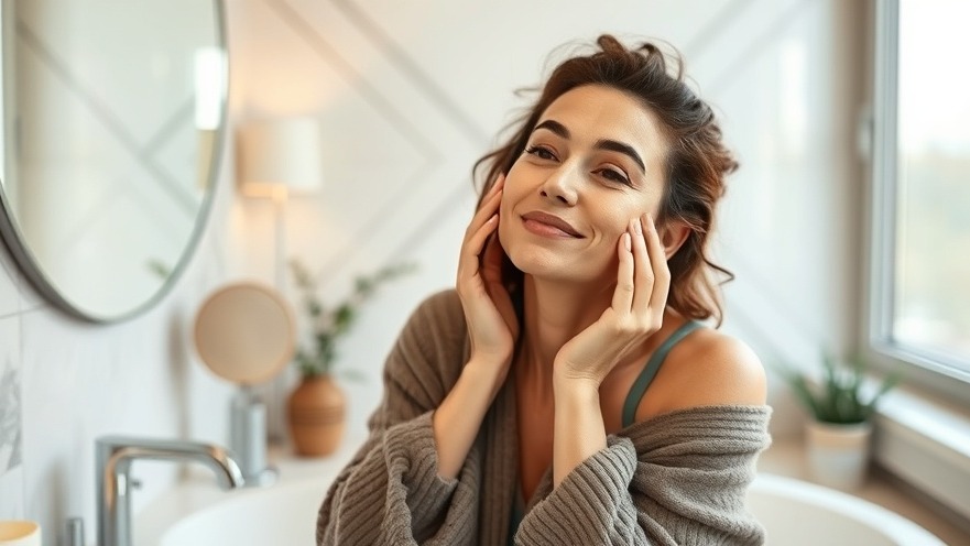 Woman in her forties applying skincare tips for youthful skin in a cozy bathroom.