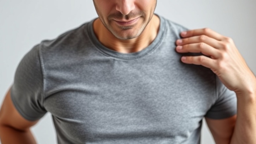 Mature man demonstrating daily shoulder exercises for tension release.