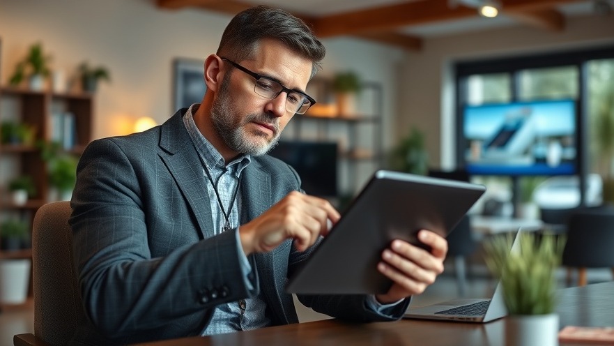 Long Island business owner analyzing advertising results on tablet in suburban workspace.