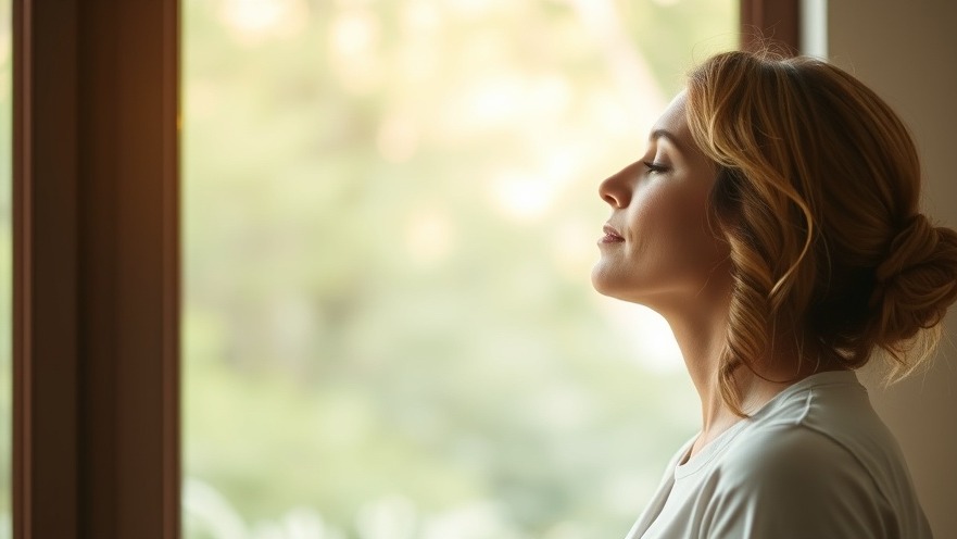 Woman practicing mindful breathing techniques for relaxation and blood pressure control.