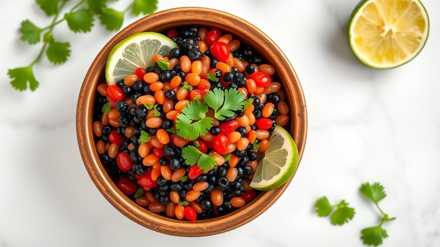 Fresh Texas cowboy caviar in a rustic bowl, vibrant healthy bean dip with lime.