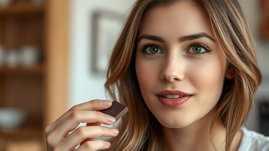 Young woman savoring dark chocolate for heart health benefits and nitric oxide production.