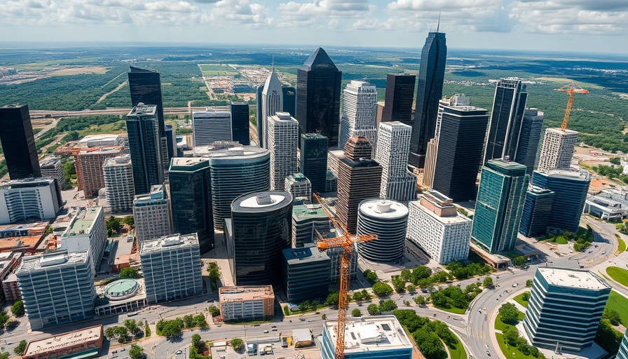 Aerial view of modern Austin skyscraper skyline under blue sky.