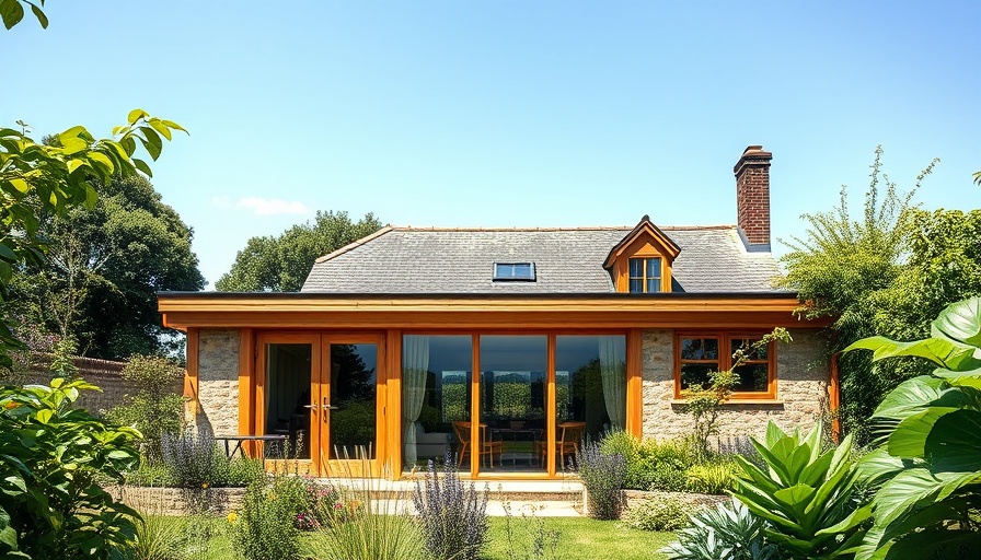 Oak-framed extension with glass doors amidst a lush garden, sunny day