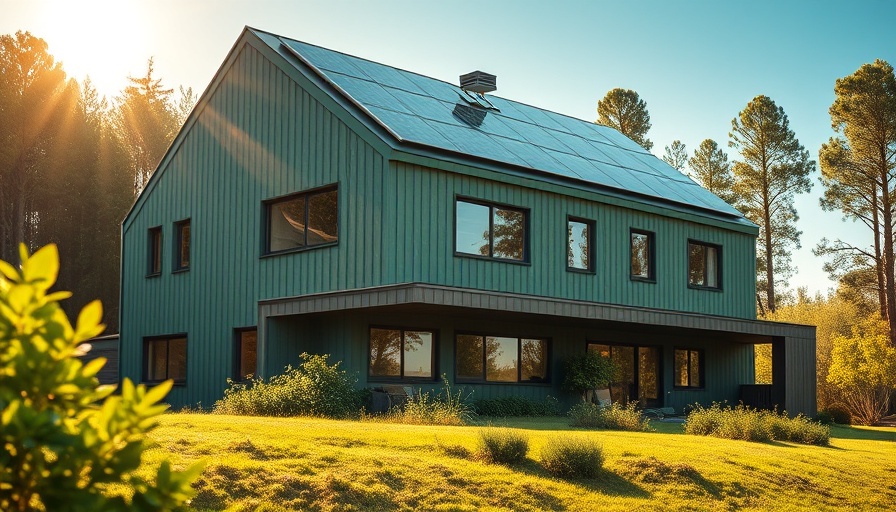 Sustainable architecture: Modern home with solar panels and green design.
