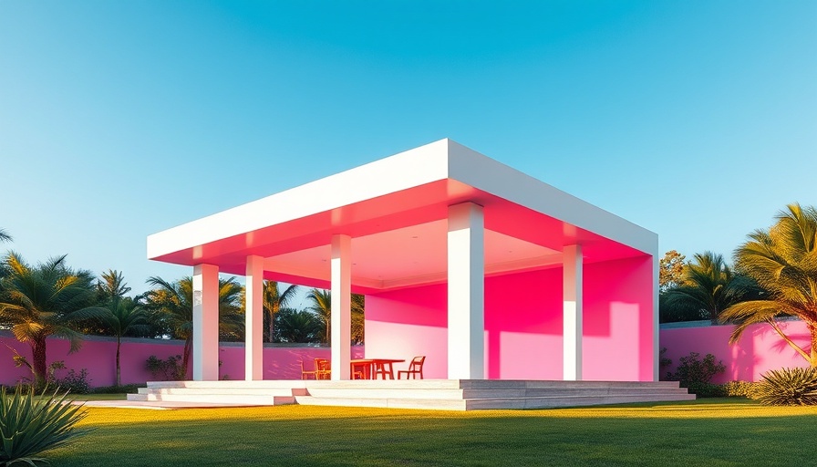Modern minimalistic pavilion with vibrant architecture in a serene setting.
