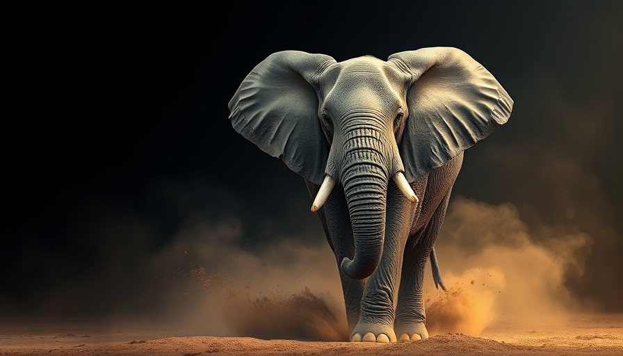Majestic elephant walking through dust, symbolizing resilience and strength.