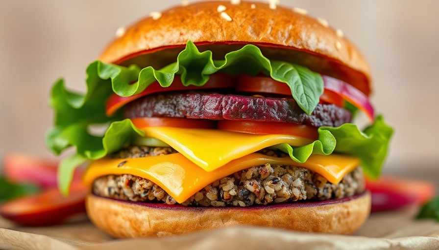 Close-up of colorful beet and quinoa burger with cheese, lettuce, and vegetables.