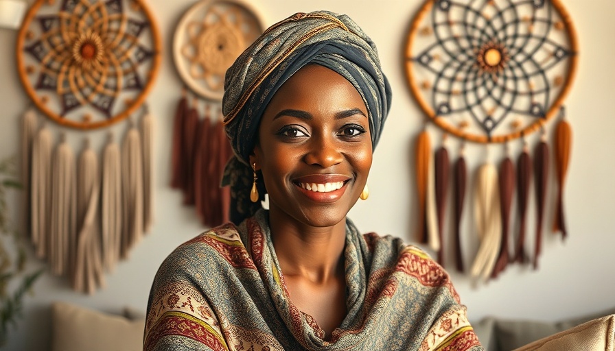 Smiling woman with head wrap and shawl in artistic room, exploring 7 chakras of Kemet.