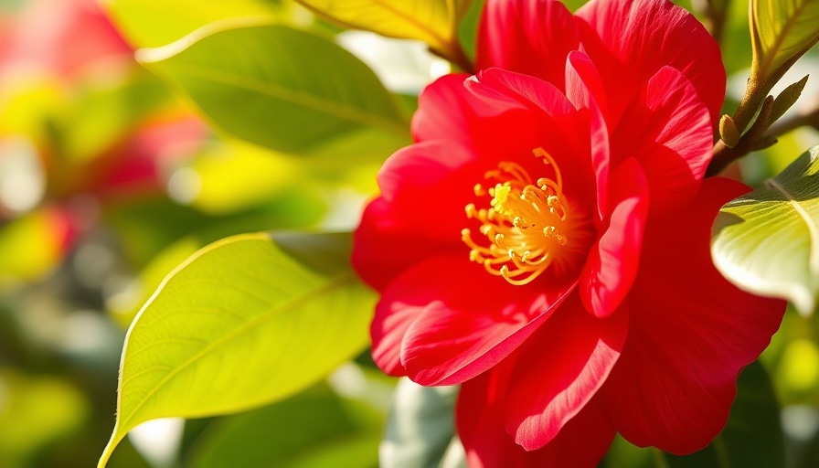 Vibrant red camellia in garden, wellness starts right where you are.
