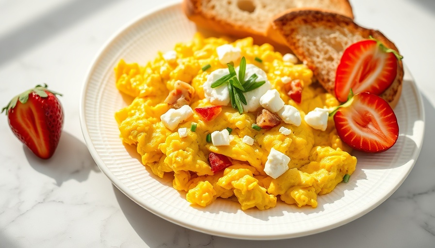 Plate of cottage cheese scrambled eggs with strawberries and toast.