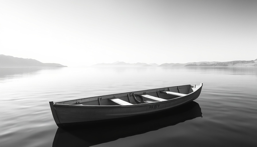 Serene empty boat on calm lake reflecting hills, choosing kind words.
