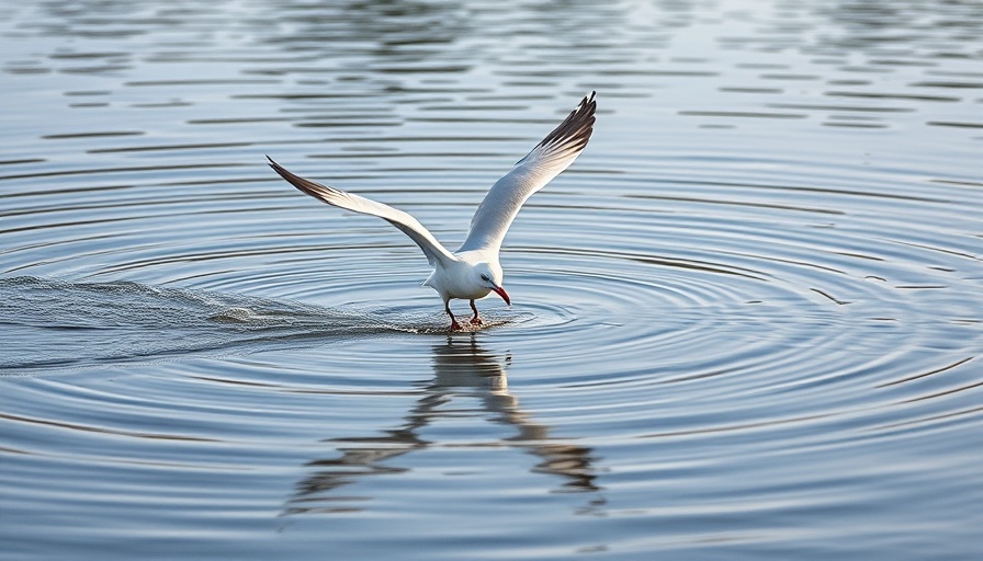 Seagull skimming water on tranquil lake, impermanence wellness concept.