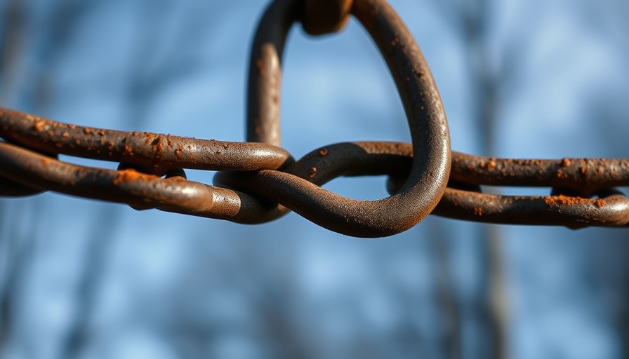 Rusty chain link loosening in natural light, symbolizing vulnerability.
