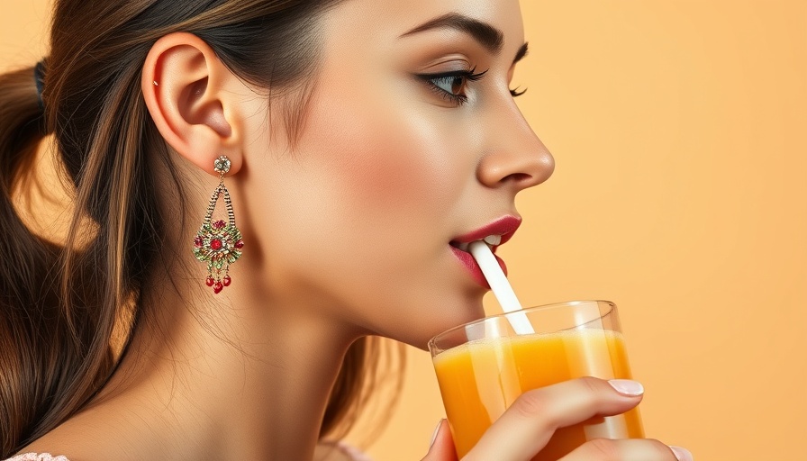 Woman drinking smoothie with artistic earrings, close-up.