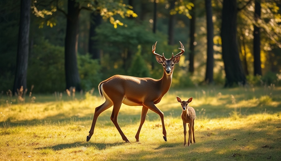Deer and fawn in a sunlit forest on a day devoted to gratitude.