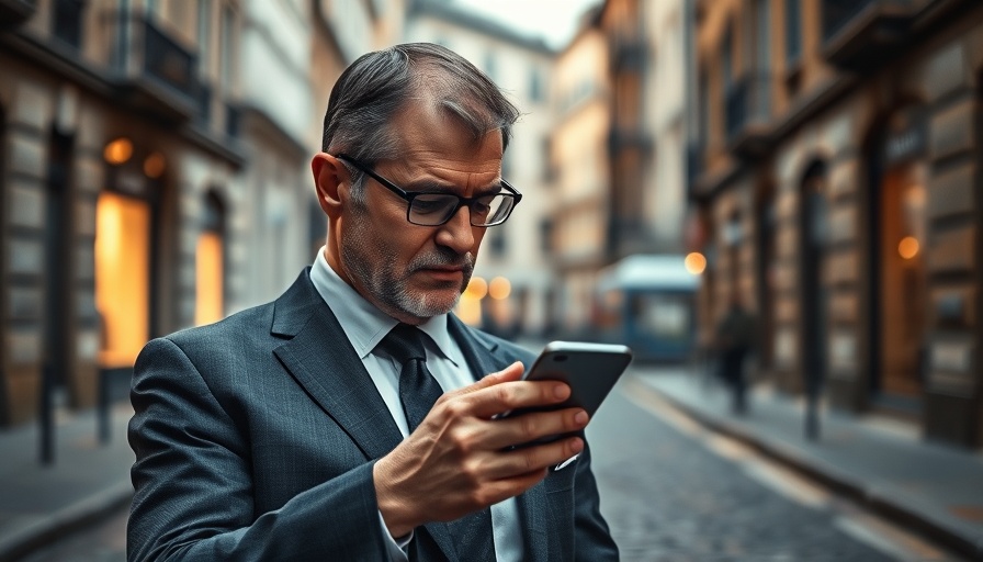 Busy is a decision: man focused on smartphone in urban setting