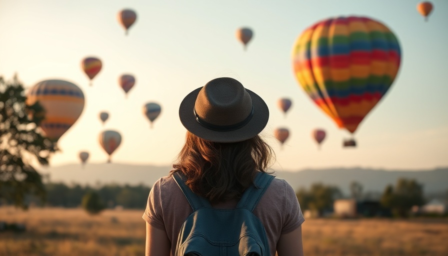 Mindful travel experience with hot air balloons in serene field.