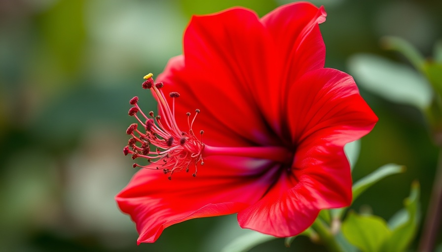 Red flower with intricate stamen against blurred green, close-up.
