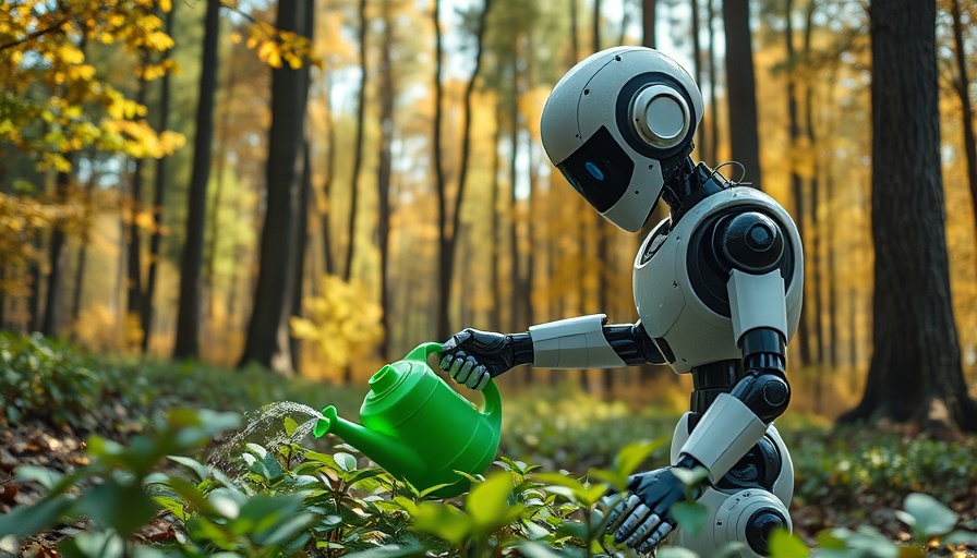Robot watering plants in forest, exploring our relationship with robots.