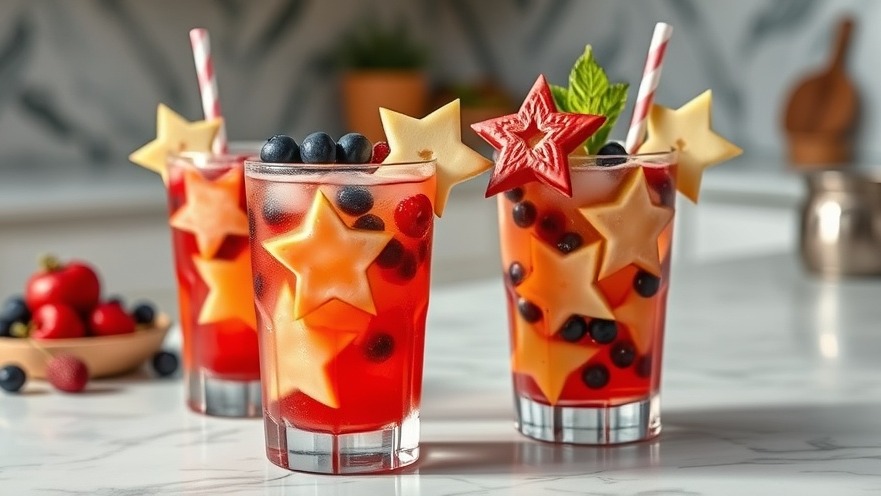 Vibrant 4th of July mocktails with star-shaped apple slices, perfect for festive non-alcoholic drinks.