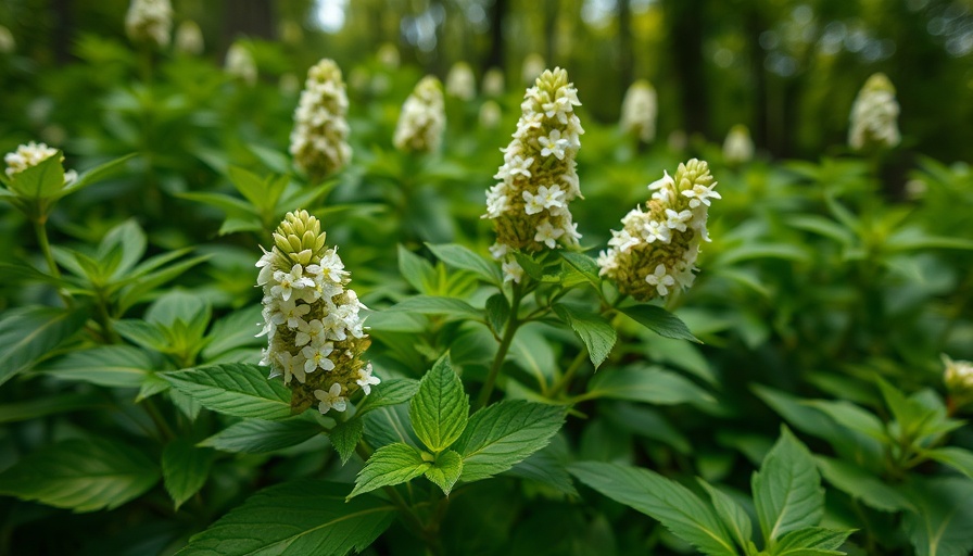 White flowering plant among lush green leaves, representing indigenous herbs from North America.