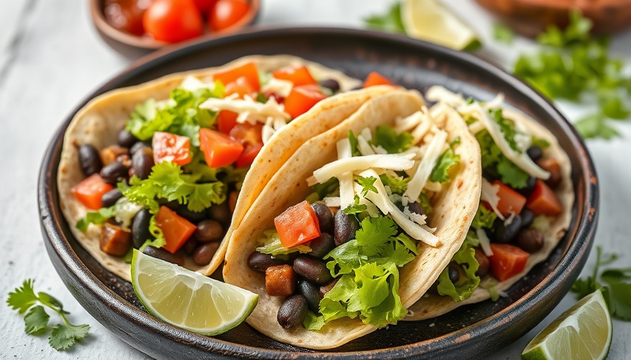 Black bean tacos with fresh toppings on a dark plate.