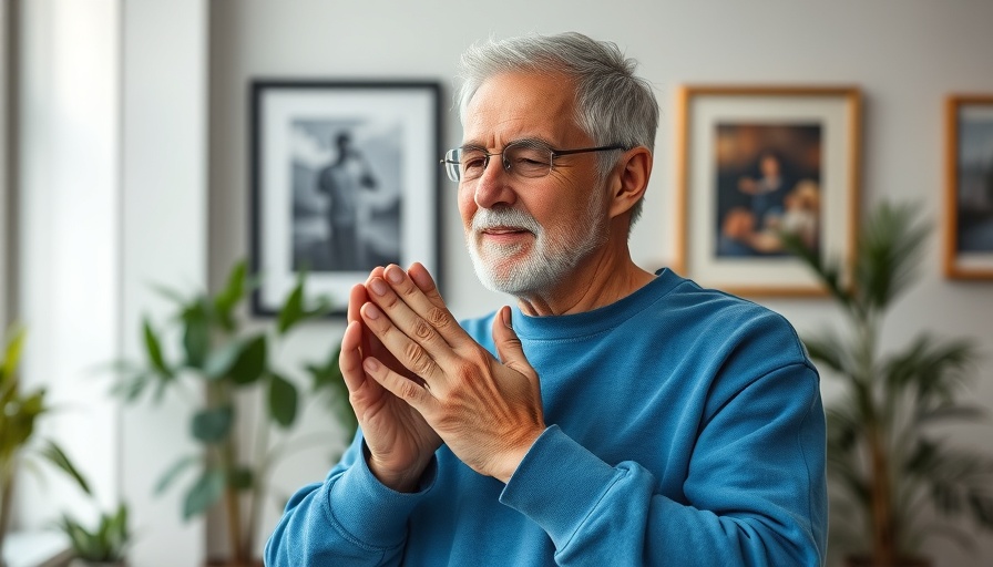 Middle-aged man resets brain with palms in calming indoor setting.