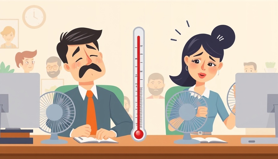 Cartoon of office workers sweating, illustrating 'How Heat Hurts Teamwork'.