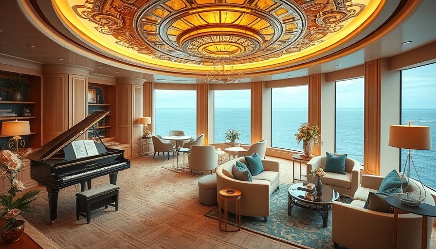 Luxurious cruise ship suite with elegant decor and grand piano.