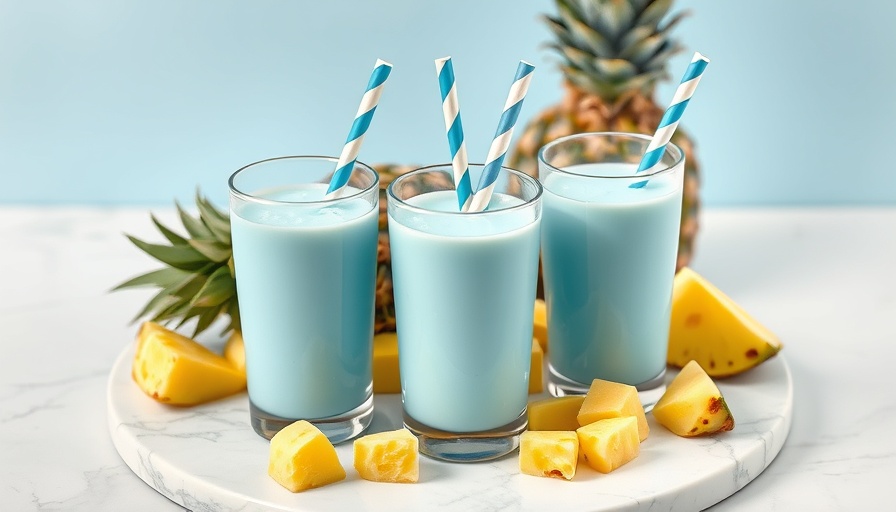 Blue milk with striped straws and pineapples on a board.